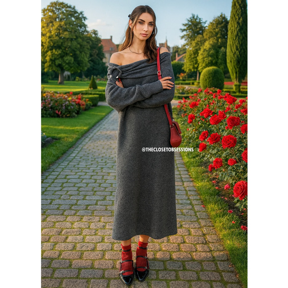 ZARA Off-the-Shoulder Knit Midi Dress NWT Gray Size S and M - Picture 2 of 16